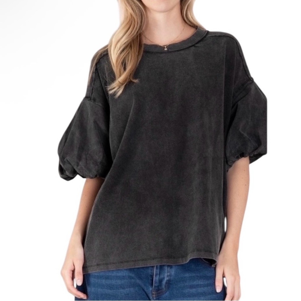 Blue Velvet Black Wash Round Neck Puff Sleeve Top NWT